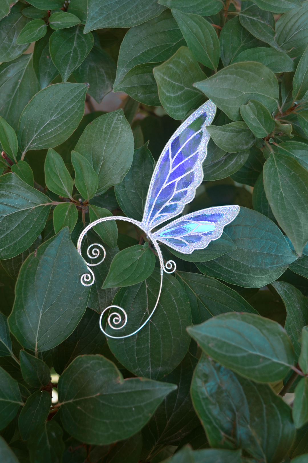 fairy wing ear cuff in white iridescent color on dark green leaves