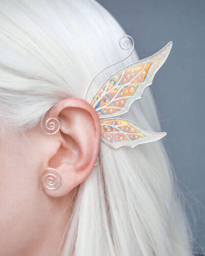 Fairy wing ear wrap worn on ear, handmade fairy ear cuff with orange wings, no piercing needed, fairycore jewelry
