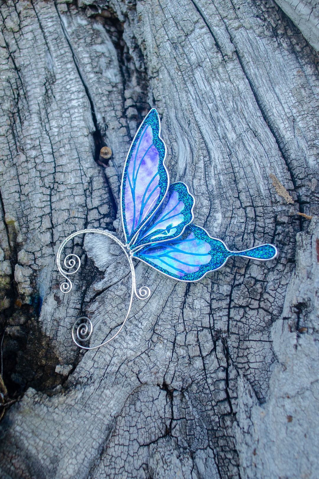 Blue fairy wing ear cuff placed on textured tree bark