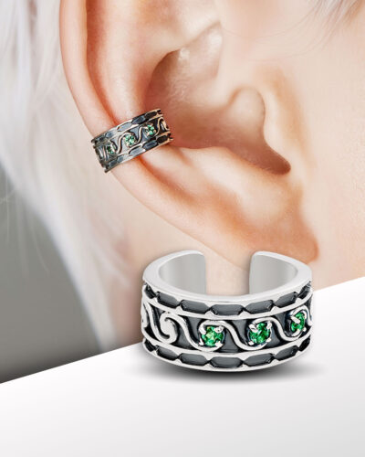egypt ear cuff on ear, sterling silver design with green cubic zirconia