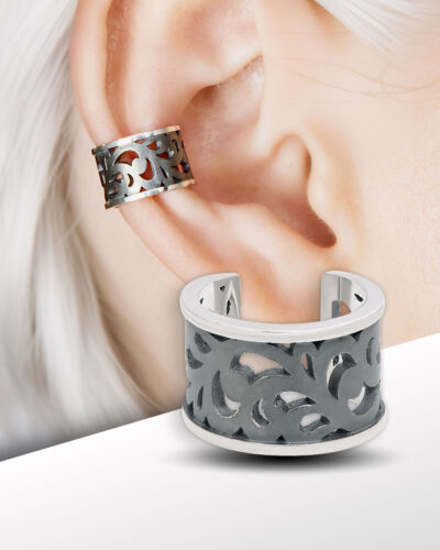 Black ear cuff with openwork oxidized pattern, sterling silver