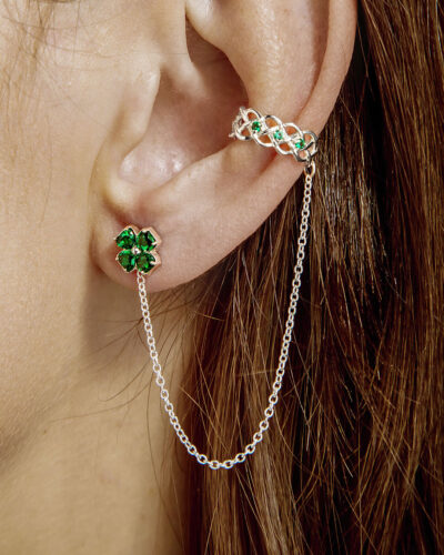 Shamrock stud and Celtic chain ear cuff in sterling silver