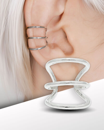 3 rings ear cuff in sterling silver on model with white hair