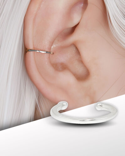 Silver thin ear cuff on model with white hair