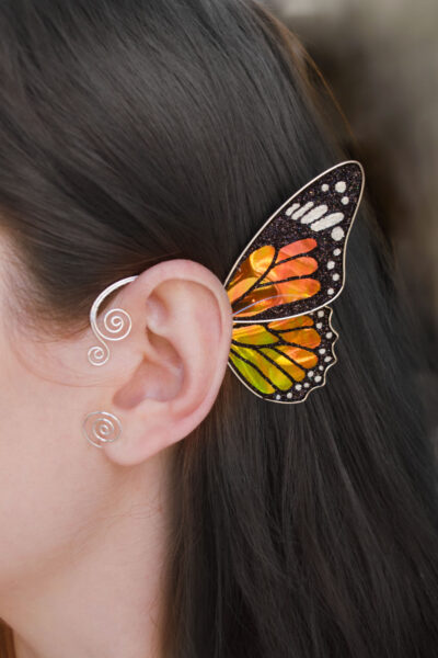 monarch butterfly ear cuff worn on ear, handmade butterfly wing ear cuff, no piercing needed