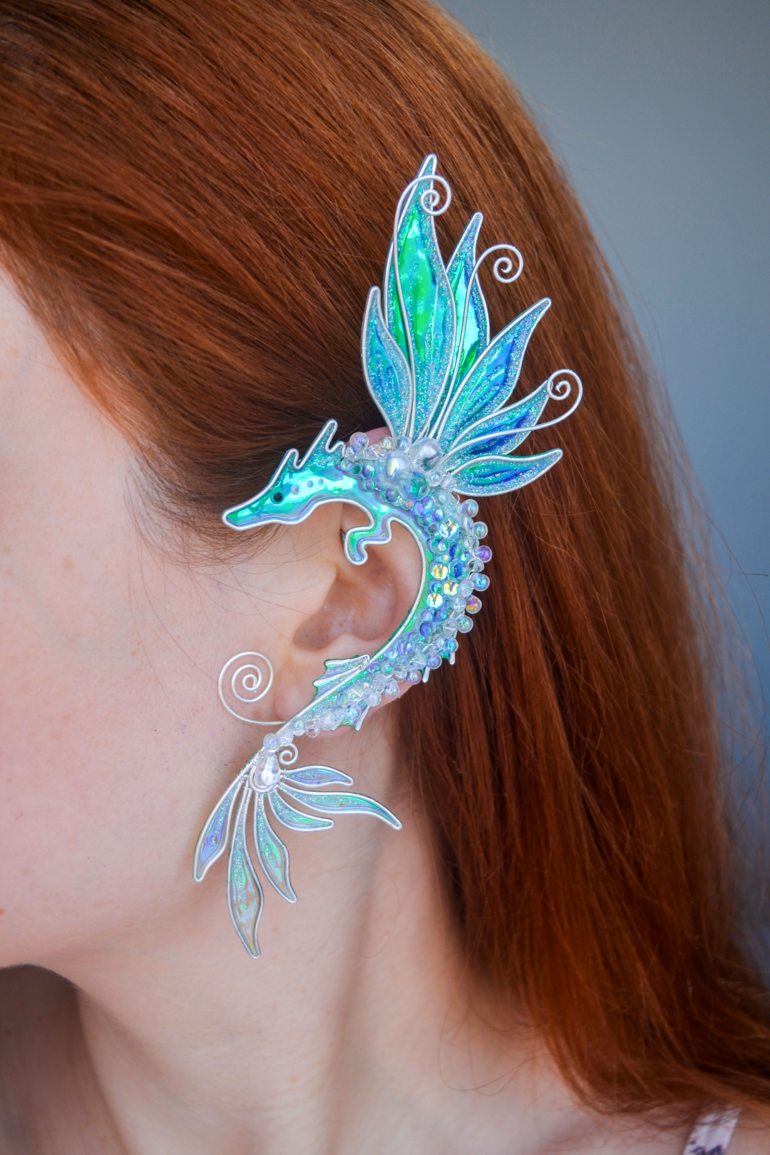 sea dragon ear cuff worn on ear no piercing fantasy ear jewelry