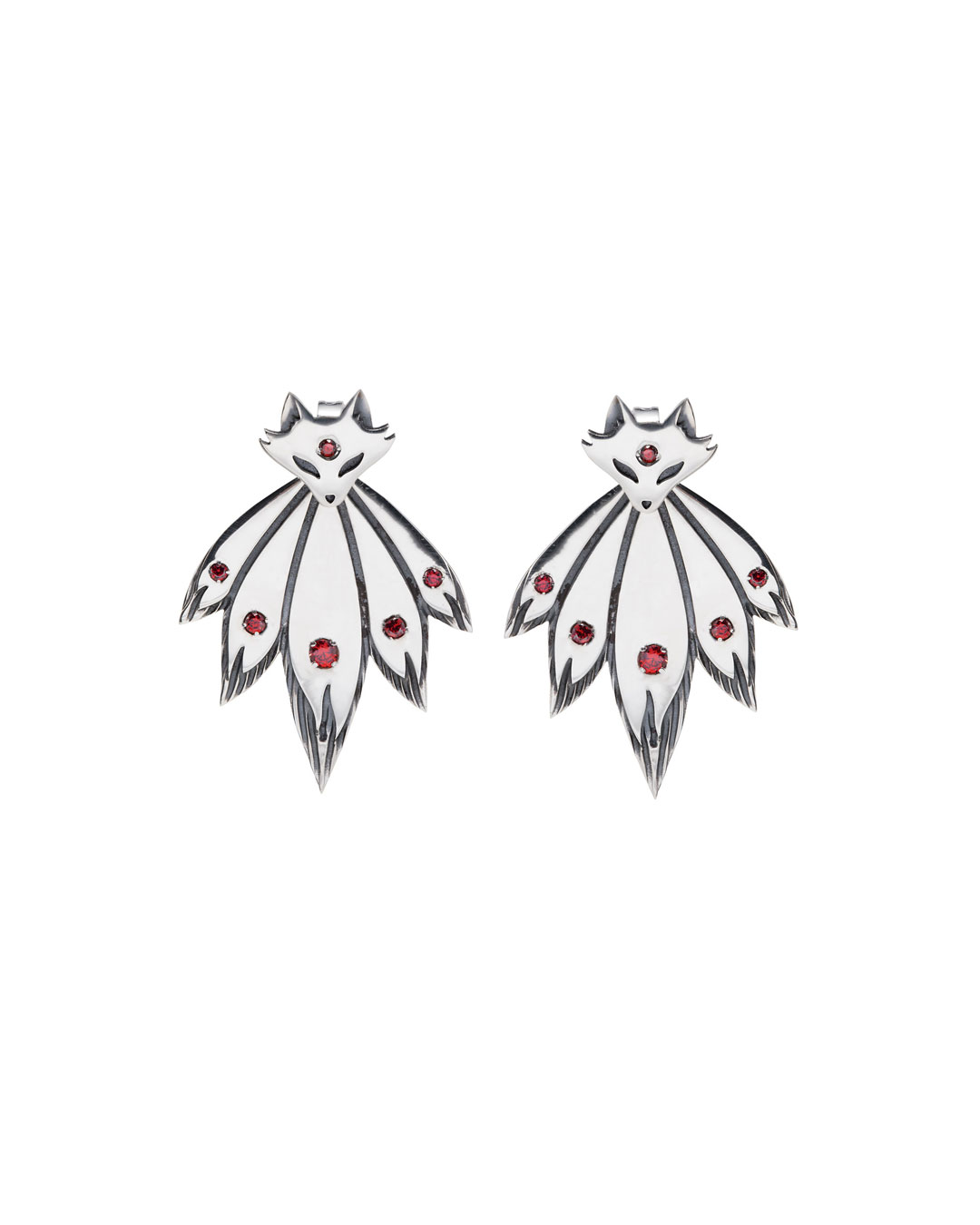 Sterling silver fox ear jacket earrings with red cubic zirconia