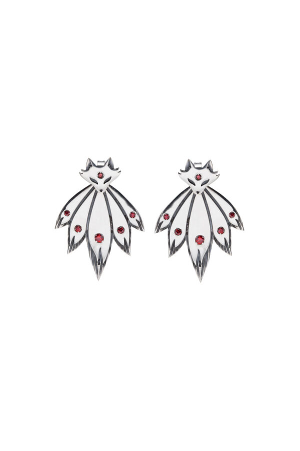Sterling silver fox ear jackets with red cubic zirconia stones, front view, kitsune design