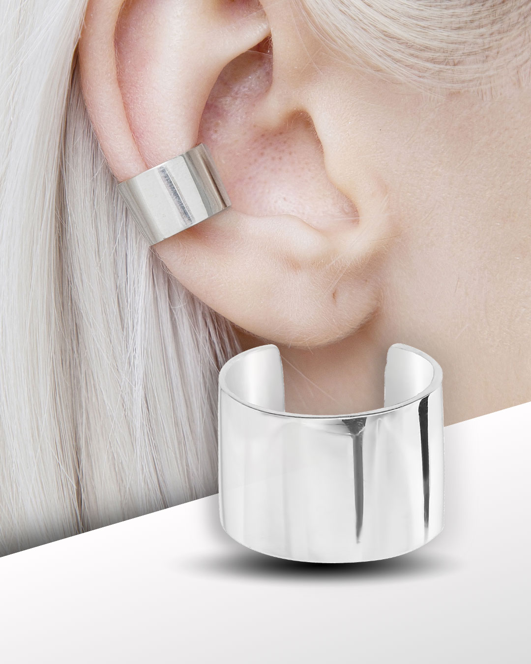 wide ear cuff silver close-up on ear