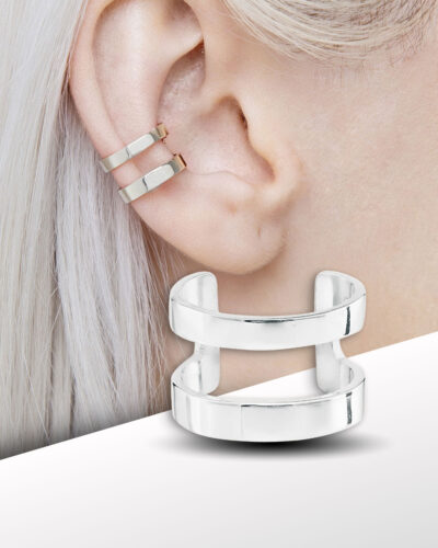 Silver 2 rings ear cuff shown on ear, no piercing