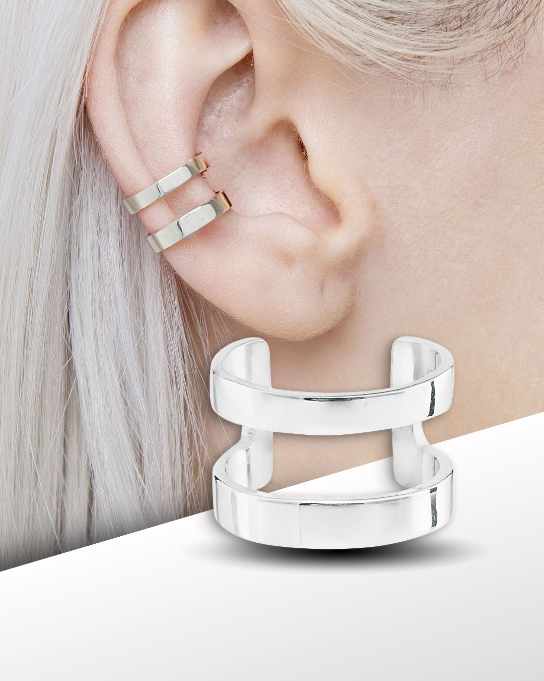 Silver 2 rings ear cuff shown on ear, no piercing