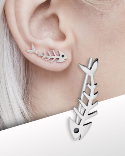 fishbone ear climber on ear, sterling silver minimalist jewelry