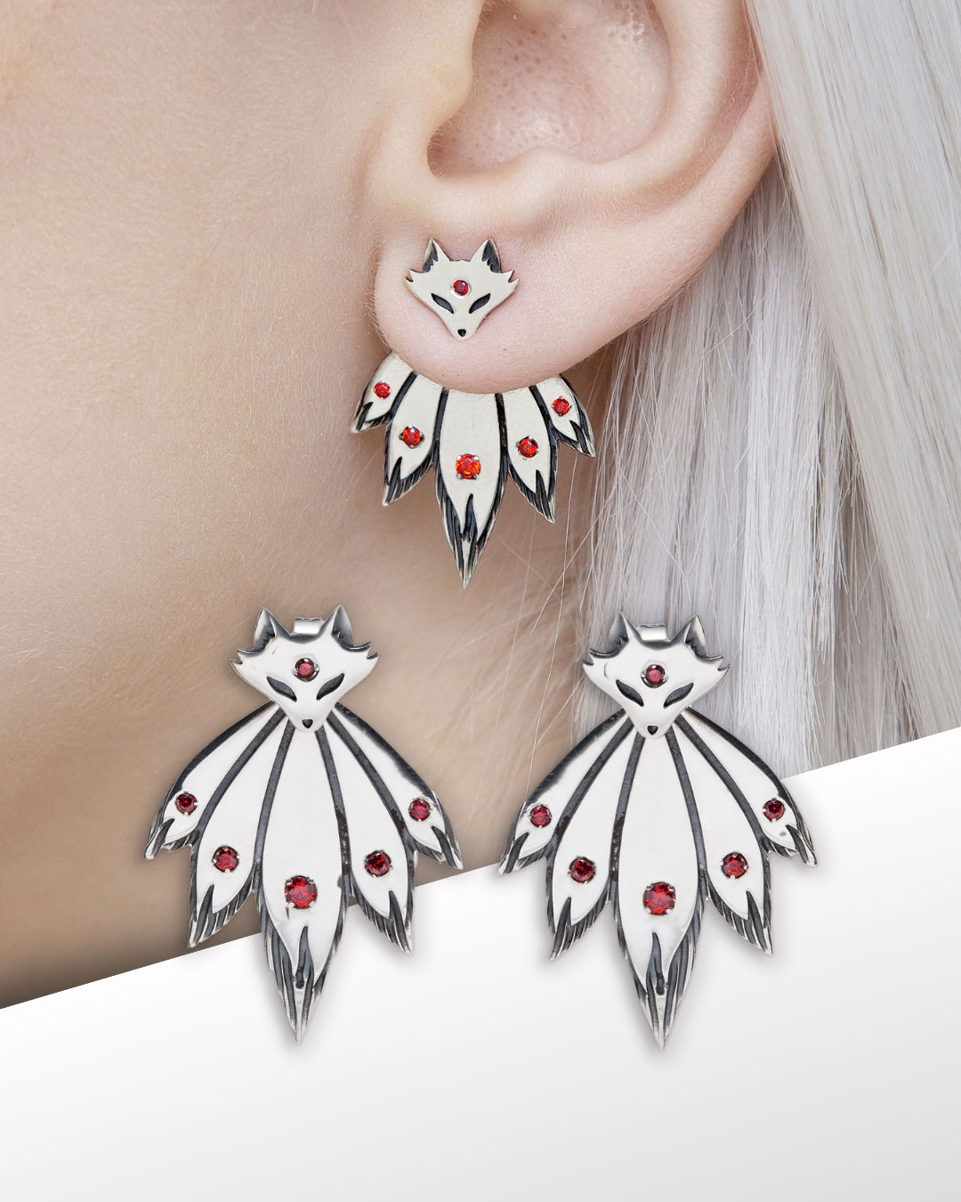Close-up fox ear jacket earrings with detachable tail design