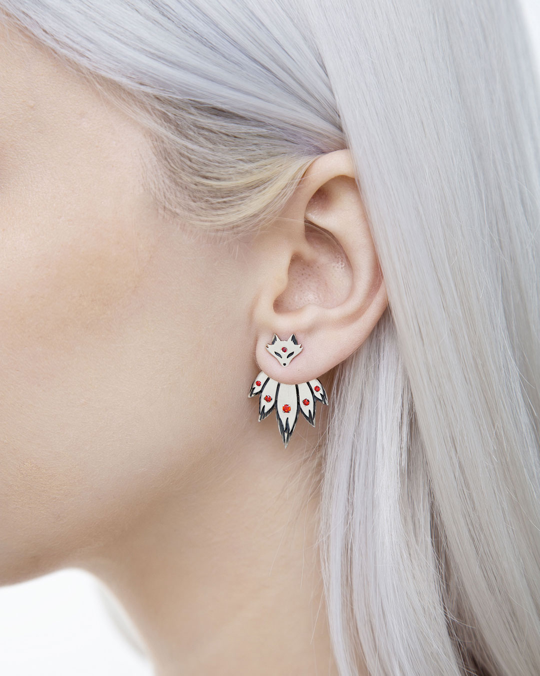 Fox ear jacket earrings on model, angled side portrait