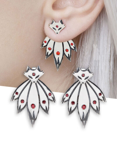 Sterling silver fox ear jackets with red cubic zirconia stones, removable tail design