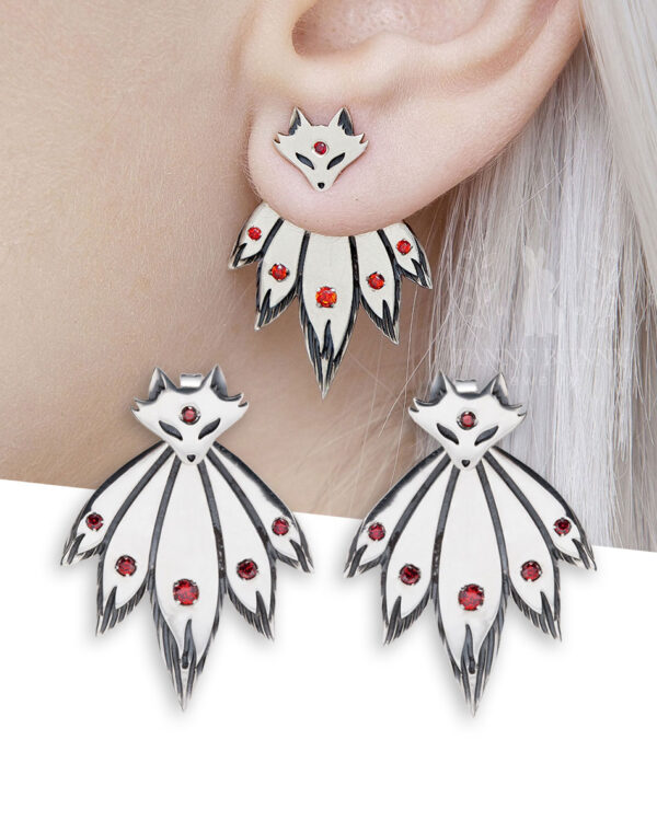 Sterling silver fox ear jackets with red cubic zirconia stones, removable tail design