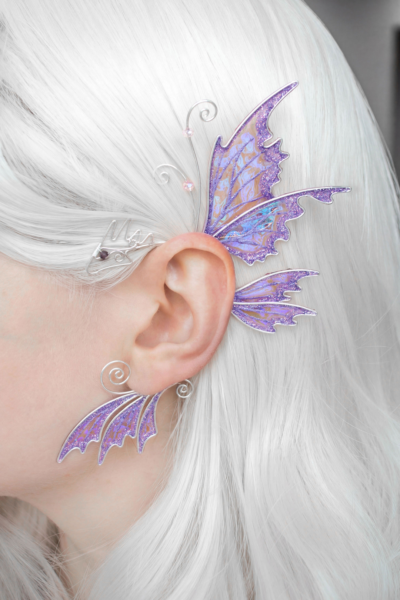 fairy dragon ear cuff worn on ear, handmade fantasy ear cuff, no piercing needed