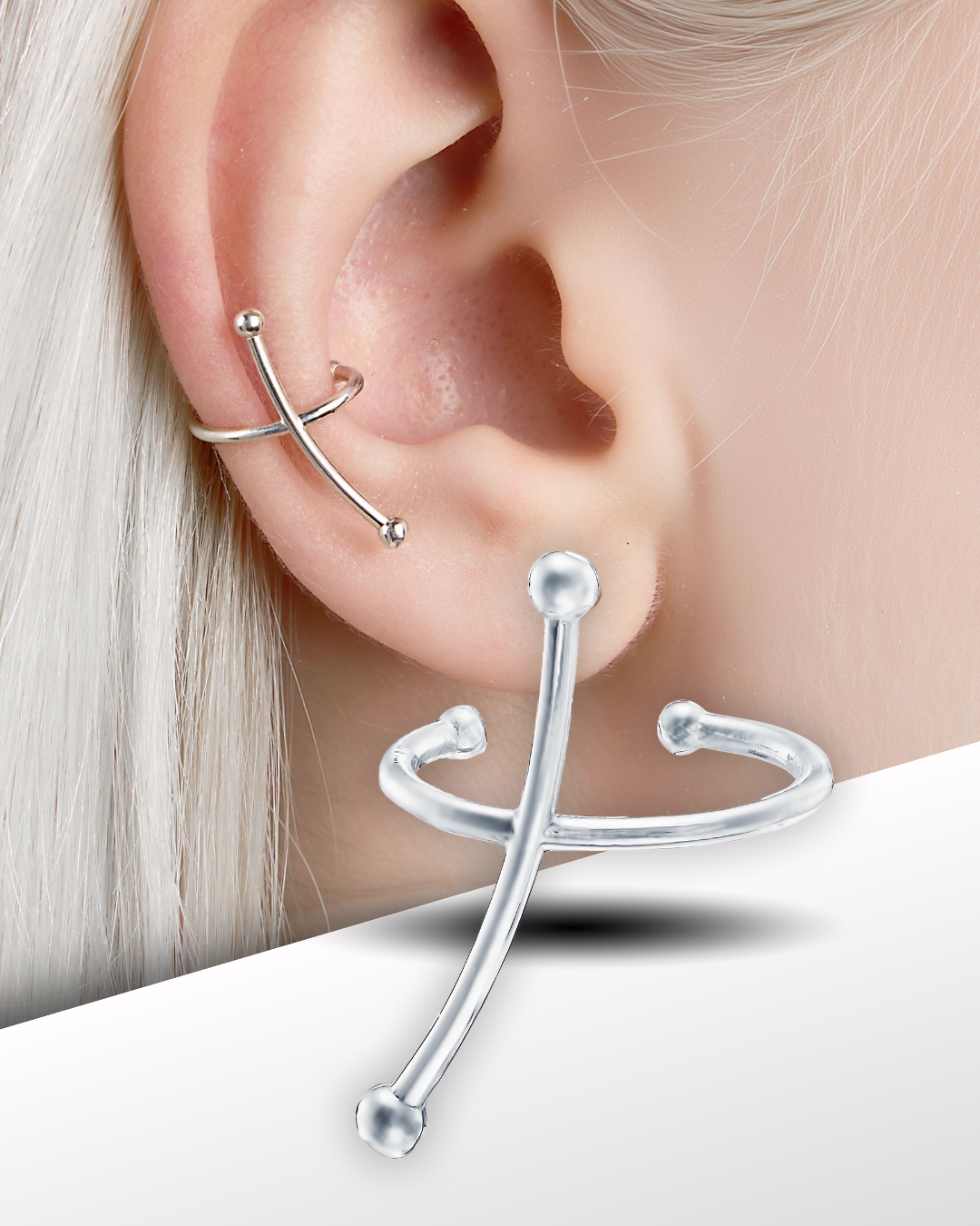 Silver minimalist cross ear cuff on ear close-up