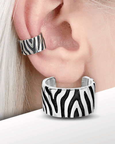 Zebra ear cuff on model’s ear, close-up view