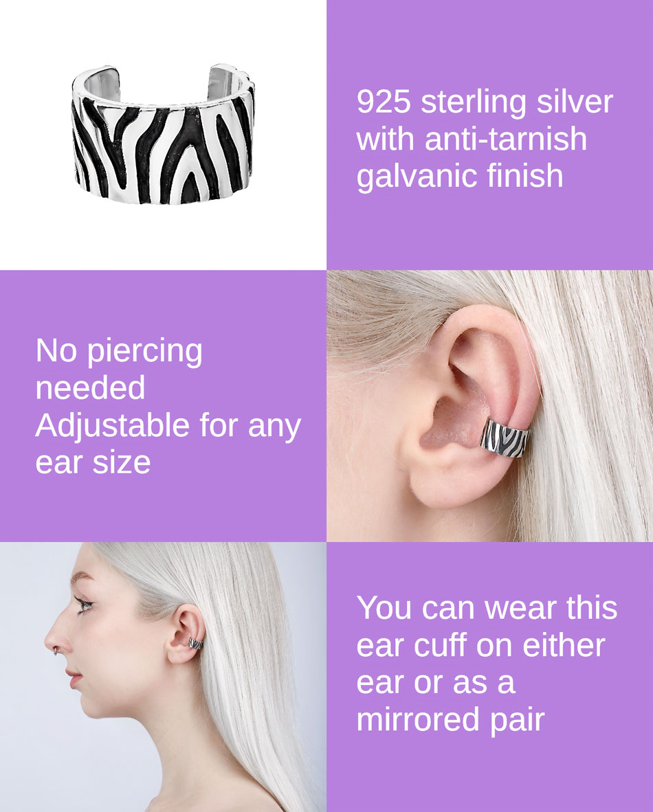 Sterling silver zebra ear cuff with product info layout