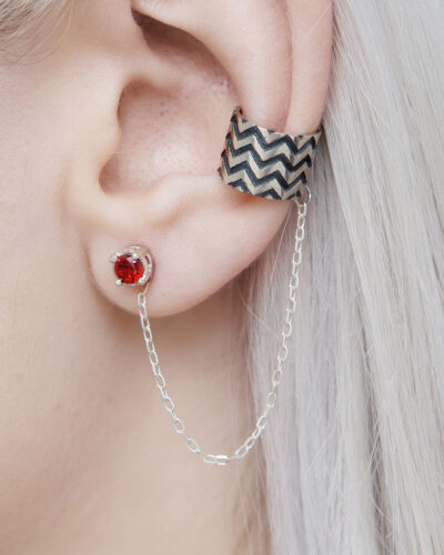 close-up of chevron chain ear cuff with oxidized pattern